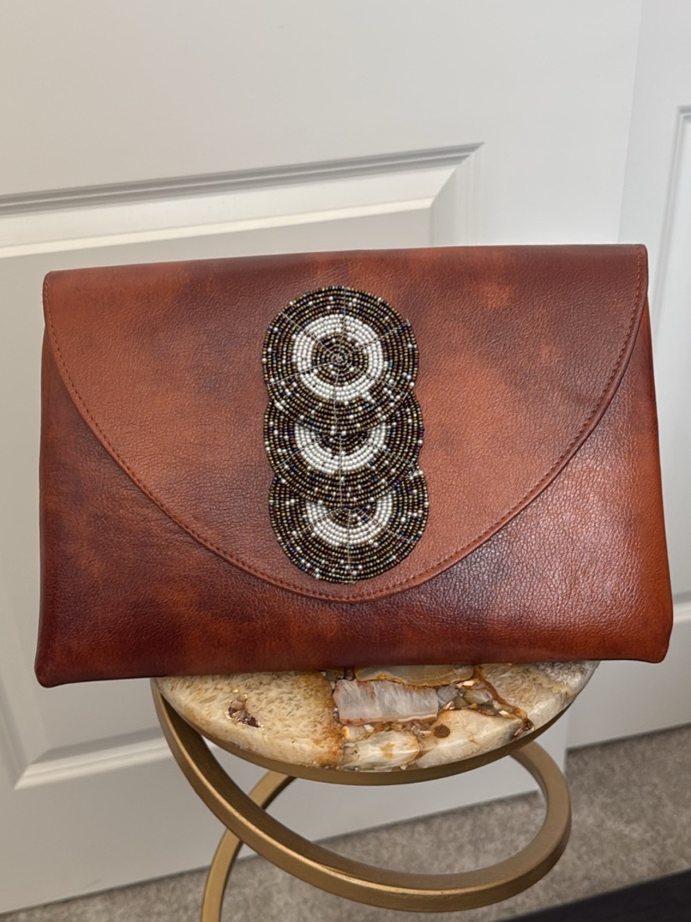 Brown Leather Beaded Envelope Clutch
